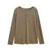 Camiseta de manga larga Tencel con protección solar, cuello redondo, botones, estilo casual, nueva moda de primavera, top tipo jersey holgado y favorecedor para mujer