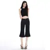 Calça Cropped Flare Elástica Estilo Americano Cor Denim Cru Cintura Média para Mulheres Verão 2026 Novo Estilo Calça de Comprimento Médio com Costura de Contraste Vermelha
