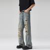 LKTM Ropa de Hombre# American High Street hiphop Jeans Rotos de Vieja Industria Pesada Pantalones Holgados Slim-fit para Hombre y Mujer
