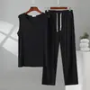 Conjunto de Dos Piezas Casual Transpirable para Hombre, Chaleco Delgado de Modal de Verano con Cuello Redondo y Pantalones con Cordón, Ropa de Casa