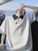 Camisa Polo de Color Block Estilo Americano de Media Manga para Hombre, Verano, Peso Pesado, Estilo Universitario, Fresca y de Corte Holgado, Camiseta de Manga Corta con Hombro Normal