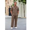 Traje de Lino Lyocell Tencel, Transpirable y Ligero, Cuello mao, Camisa de Manga Corta de Verano, Pantalones Largos, Conjunto Casual de Dos Piezas, Listo para la Venta