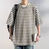 Camiseta juvenil estilo retrô americano, modelagem solta, com listras contrastantes, manga curta, unissex, estilo neutro japonês, adequada para casais