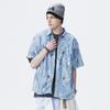 Camisa Floral de Manga Curta Jeans Estilo Americano Retrô Lavada Tie-Dye Verão Masculina e Feminina Ins Moderna Versátil Casual