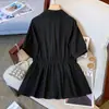 Camisa de Manga Curta com Cobertura da Barriga, Afinando a Cintura e Ombros Retos para Mulheres, Babydoll Ruffle Afinando para o Verão