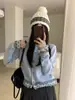 Chaqueta cárdigan con ribete de encaje para mujer, top de punto de nicho, gris talla única, blanco roto