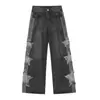 Jeans com Patch Estrela High Street Americano Masculino Verão Novo Solto Reto Caimento Tendência Wide-Leg Comprimento Total Calças