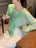 Blusa de Tricô Listrada Azul Solta de Manga Longa Proteção Solar Feminina Outono Linda e Única Peça de Cima Externa