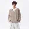 Suéter de punto de alta gama para hombre, tipo dos piezas con bloques de color y cuello de camisa, cálido y grueso para invierno, talla grande, holgado, casual.