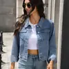 Jaqueta Jeans Lavada Versátil Curta Feminina Europeia e Americana para Comércio Exterior Transfronteiriço Amazon com Gola Lapela e Mangas Longas