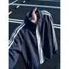 Chaqueta azul marino estilo americano con cuello alto, chaqueta bomber de retazos deconstruida para hombre de otoño, top de silueta corta cuadrada