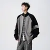 Jaqueta Patchwork de Gola Alta Estilo Americano para Homens, Tendência de Outono Marca Listrada Casual Malha Vibe High Street Versátil Casaco Suéter
