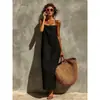 Colección de verano nueva transfronteriza europea y americana: Vestido largo de algodón y lino, de color liso, sexy, retro y sin esfuerzo chic para mujer