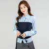 En Stock, Fotos Reales de la Nueva Camisa Versátil Patchwork Falsa de Dos Piezas de Manga Larga para Mujer