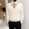 Colete de tricô com blocos de cor estilo japonês e decote V para homens, estilo moderno e maduro, colete suéter para outono e inverno, jaqueta sem mangas de outer wear