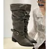 Botas altas de tacón grueso puntiagudas hasta la rodilla estilo desierto plisado retro 2026 botas de mujer estilo western