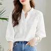 Camisa Vermelho-Carmesim Algodão Cocoon para Mulheres, Mangas Três Quartos, Novo Estilo Verão 2026, Elegante Camisa de Algodão Puro com Bordado em V