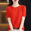 Camiseta de Manga Corta con Cuello Redondo, Tejido de Punto con Forma de Rombo de Algodón Peinado, Nuevo Estilo Primavera-Verano, Bloqueo de Color Sencillo, Top Elegante y con Estilo para Mujer