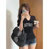 Camiseta de Algodón Puro con Estampado de Letras, Cuello en V, Manga Corta, Talla Grande, Estilo Universitario para Mujer, Verano 2026, Ceñida a la Cintura, Favorecedora de la Figura, Top de Hombro Normal