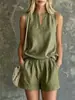 Conjunto de dos piezas para mujer de estilo francés para vacaciones, top sin mangas con pequeña abertura y cintura elástica, shorts de color liso con bolsillos