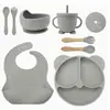 Vajilla Nueva de Silicona Transfronteriza con Divisores en Forma de Oreja, Vajilla Infantil, Plato y Cuchara para Comida de Bebé, Babero para Alimentación de Bebé, Babero para Saliva