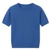 Camiseta de punto de seda helada calada color azul bruma de manga corta para mujer, nueva de verano 2026, top juvenil delgado de corte holgado y estiloso
