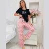 Conjunto de Pijama Feminino Europeu e Americano Transfronteiriço Loungewear Seda de Leite Estampa de Letras por Toda Parte Manga Curta Calça Longa Atacado Estilo Fino