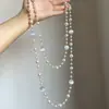 Colar de Pérolas e Pedra Olho de Gato em Camadas, Corrente para Suéter Estilo Vintage Transfronteiriça, Joia de Nicho de Luxo Leve para Mulheres