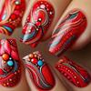 Adesivo de Manicure Press-On, Manicure de Comprimento Médio, Adesivo de Manicure Céu Estrelado com Listras Borradas Vermelhas, Estilo Ano Novo