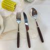 Juego de cubiertos para bistec, tenedor y cuchillo, juego de tres piezas con cuchara, acero inoxidable para el hogar, madera retro, aspecto Ins de alta gama BH346