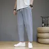 Calça Cropped Solta de Linho de Algodão Cor Sólida Estilo Chinês Masculina Verão 2023 Moda Jovem Tendência Casual Esportiva