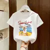 Camisa de verano nueva de algodón puro para niñas, manga corta, estampado, estilo coreano moderno, manga media, top casual versátil para niños mayores