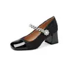 Elegantes Zapatos de Salón Bajos con Perlas y Pedrería Estilo Chanel, Tacones Gruesos Cuadrados de Charol, Zapatos Mary Jane de Correa Única