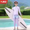 Novo maiô infantil para meninas, tamanhos pequeno, médio e grande, novo traje de banho de verão com proteção solar, maiô de duas peças com manga longa e calça longa