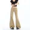 Calça Jeans Flare Cáqui para Mulheres 2025 Novo Estilo Retro Americano Cintura Baixa Emagrecedora Comprimento Total Wide Leg Boca de Sino