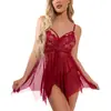 2026 Nuevo Vestido Irregular de Malla con Encaje Hueco, Escote Profundo en V y Espalda Descubierta para Mujer, Camisón de Doble Capa, Lencería