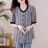 Camisa de Verano Talla Grande Nueva Moda Estilo Retro para Mujer Versión Coreana Top de Manga Corta Trendy con Parche de Rayas