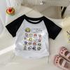 Camiseta de Hombro de Contraste para Niña Estilo Coreano con Cordón Manga Corta Top de Verano para Bebé Corte Ajustado Camiseta Estampada de Dibujos Animados Algodón