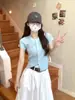 25 Camisetas de Punto de Manga Corta Azul Verano para Personas Pequeñas en Verano, Tops Cortos Cortados Dopamina, Tops Pequeños de Manga Volante