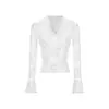 Design MosesQueen camisa de renda sexy com decote em V afina a cintura top justo puro