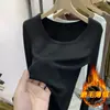 Camiseta de felpa cepillada con forro de felpa, manga larga, para mujer, otoño e invierno, corte ajustado, cálida, undershirt, hombro versátil, top liso para mujer