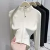 Camisa base térmica de fleece com gola alta para outono e inverno para mulheres, jaqueta cardigã nova de outono 2025 com zíper duplo, moletom slim fit para usar em camadas