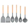 Juego de 6 Utensilios de Cocina de Silicona con Mango de Madera en Stock, Espátula para Freír Bistec Antiadherente, Cuchara para Sopa y Juego de Espátulas