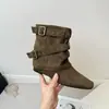 Botas de Cavaleiro Retrô Francesas Femininas Outono Novo Estilo Aumento Interno de Altura Solado Macio Botas Curtas com Salto Bloco Ocidental Botas para Calça Superfície de Camurça com Pelúcia