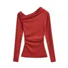 Camiseta de manga larga asimétrica de moda con fruncidos en el hombro, Nuevo estilo de primavera, Elegante y versátil, Camiseta base ajustada, Top corto a la moda
