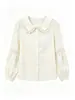Blusa de gasa de manga larga con cuello de muñeca hecha a medida para otoño, camisa de gasa suelta con manga abullonada de encaje rasgado para mujer