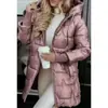 Jaqueta Puffer Preta Brilhante com Capuz de Comprimento Médio Casaco Quente de Inverno