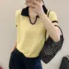 Camisa de Punto de Manga Corta para Mujer Estilo Nuevo Verano 2025 con Cuello de Solapa y Colores Contrastantes, Elegante y con Estilo, Efecto Adelgazante, Camiseta