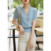 Suéter de punto de manga corta con cuello en V y costuras de encaje de malla elegante, novedad de verano 2023, top adelgazante con cordón para mujer