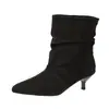 Botines Negros Apilados para Mujer Punta Fina Tacón de Aguja Gamuza Sintética Plisados sin Cordones Adelgazantes Tallas Grandes Botas para Mujer de Comercio Exterior